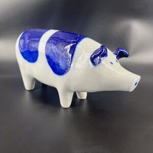 David Eldreth Pottery Pig Blue & Grey Salt-Glazed Folk Art 9 Inches Signed 1991